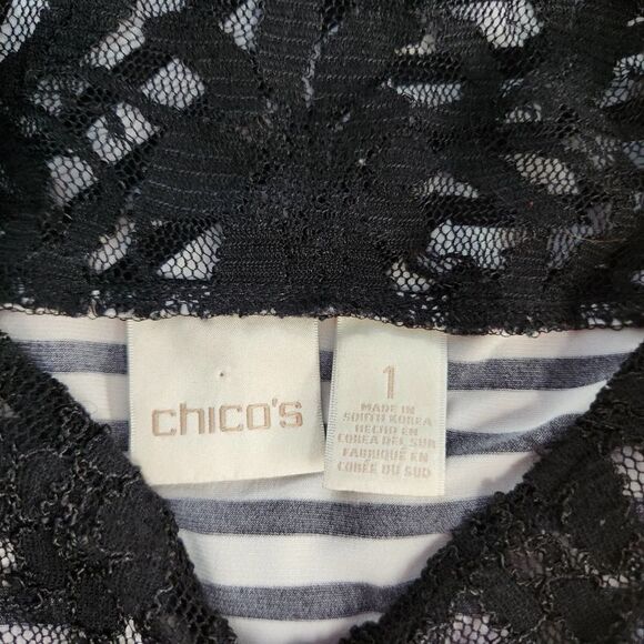 Chico's Pullover Blouse Size 1(M) Black & White Stripe Lace Accents - Picture 8 of 10